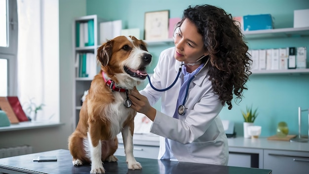 Tierarztin untersucht den Hund mit Stethoskop auf dem Tisch in der Klinik
