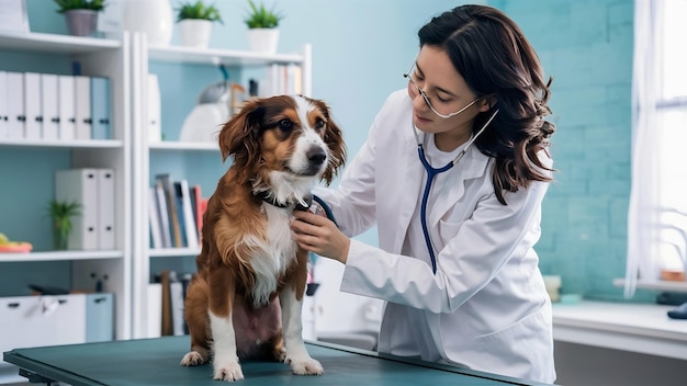 Tierarztin untersucht den Hund mit Stethoskop auf dem Tisch in der Klinik