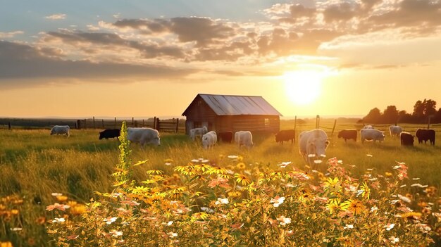 Tiere auf wildem Feld bei Sonnenuntergang auf dem Land