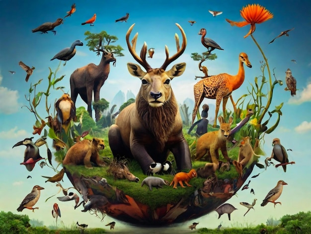Tiere im Wald Kreatives Design Welt Umwelt und Erdtag Zeichnung und Malkonzept
