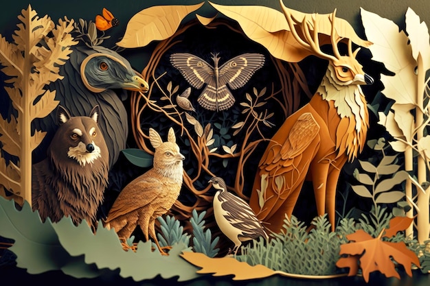 Tiere und Vögel der wild lebenden Tiere in einer Waldkunstpapiercollage, die mit generativer KI erstellt wurde