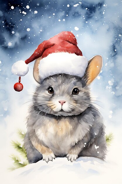 Tiere weihnachten in aquarellhüten inmitten von noel-hintergründen, skurriler  süßer schnee-hintergrund, digitale kunst