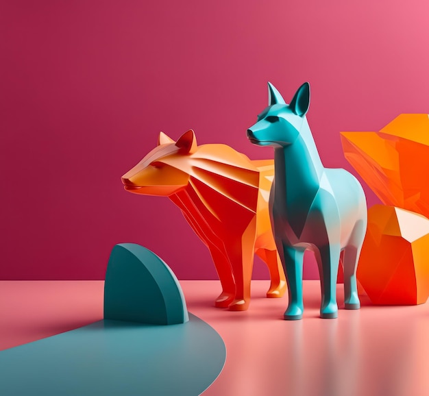 Tierfiguren aus Keramik und Glas auf rosa Hintergrund im Retro-Futuristischen Stil in leuchtenden Farben