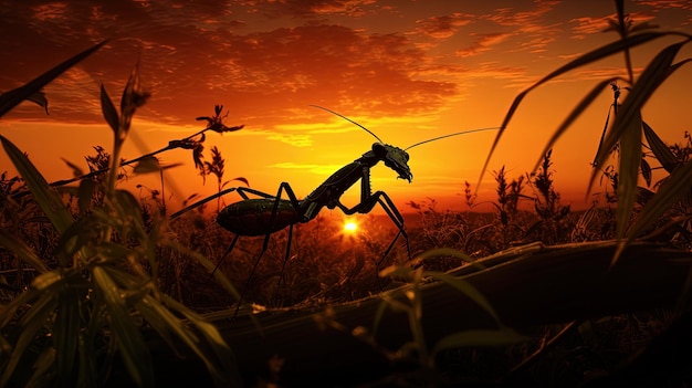 Tierfotografie, die eine Gottesanbeterin mit einem Silhouettenkonzept bei Sonnenuntergang einfängt