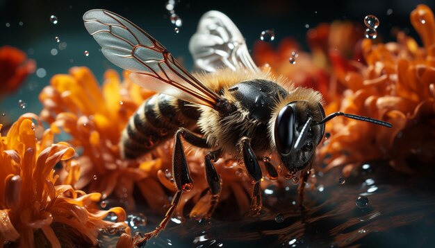 Tierische Natur, Insektenmakro, Bienenbestäubung, Honigpollen, Honigbiene, erzeugt durch künstliche Intelligenz