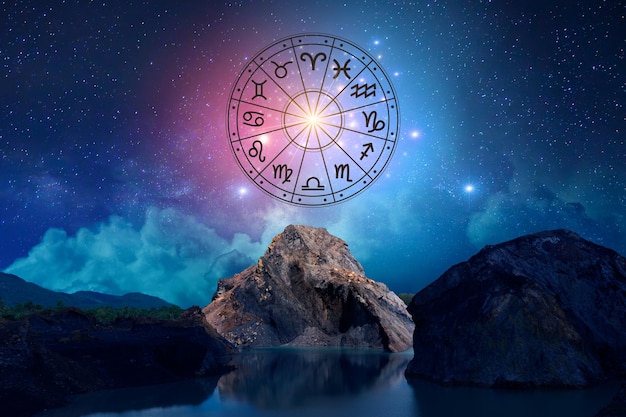 Tierkreiszeichen innerhalb des Horoskopkreises Astrologie am Himmel mit vielen Sternen und Monden Astrologie und Horoskopkonzept