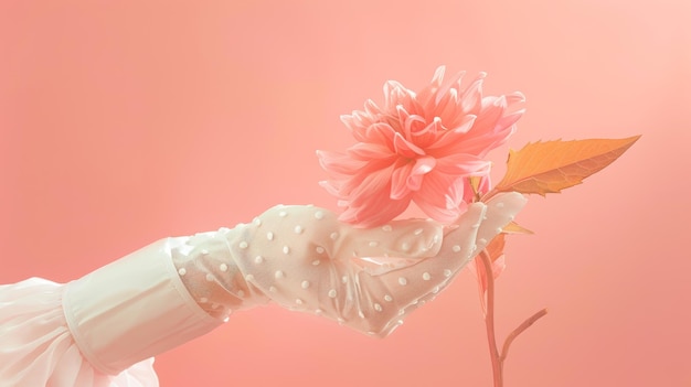 La tierna mano de una mujer con un guante blanco con puntos de polca sostiene una flor sobre un fondo rosa