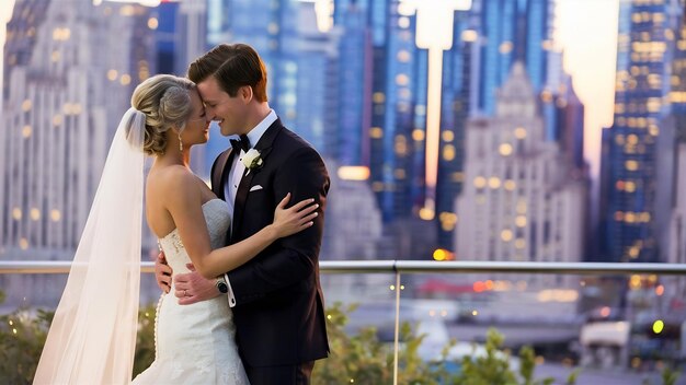 La tierna novia y el novio se abrazan con una hermosa vista de una gran ciudad en la cálida noche de verano