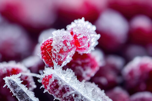 Tiernas bayas congeladas brillantes de frambuesas cubiertas con cristales de hielo