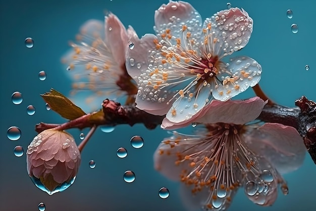 Tiernas flores rosadas de sakura con gotas de lluvia floral primavera fondo azul AI generativa