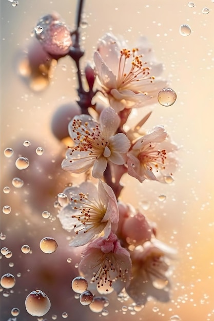 Tiernas flores rosadas de sakura con gotas de lluvia fondo floral de primavera IA generativa 9