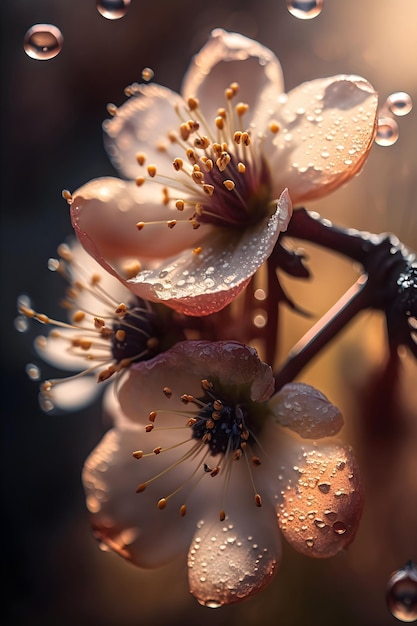 Tiernas flores rosadas de sakura con gotas de lluvia fondo floral de primavera IA generativa