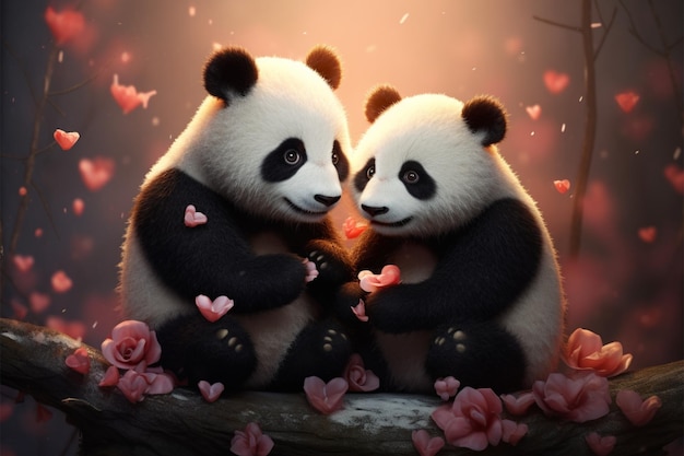 En un tierno abrazo dos lindos pandas irradian romance con los corazones