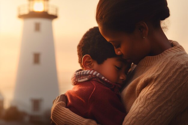 Con un tierno abrazo una madre afroamericana abraza a su hijo con afecto y amor