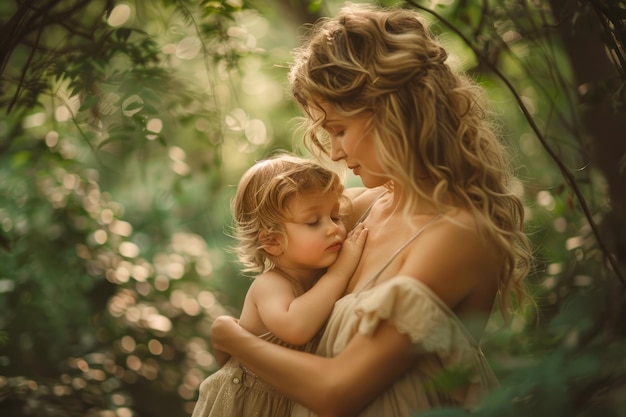 Un tierno abrazo entre madre e hijo en la serena naturaleza Un momento familiar de amor capturado en medio de