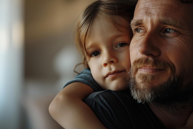 Un tierno abrazo mientras el padre sostiene al niño cerca compartiendo un momento de silencio juntos