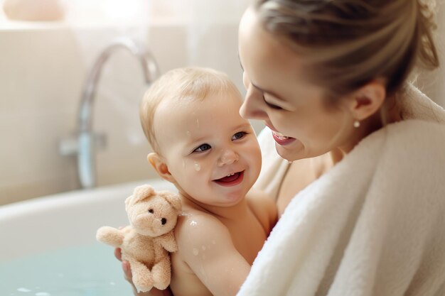 Tiernos momentos en el baño Amor y cuidado de la madre IA generativa