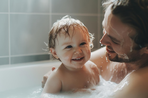 Tiernos momentos en el baño Amor y cuidado del padre IA generativa
