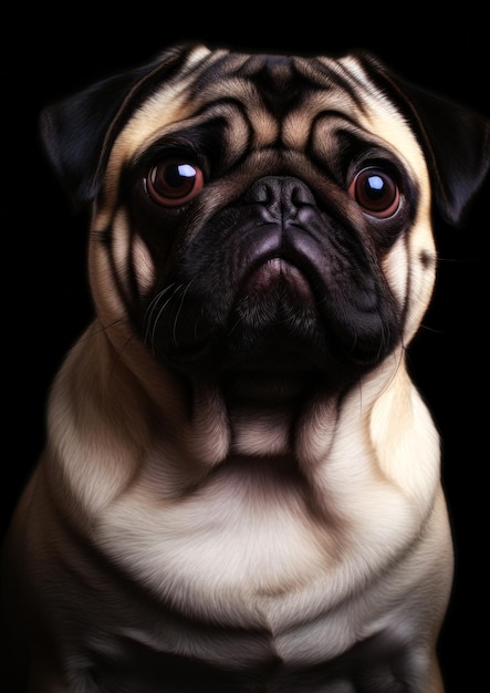 Tierporträt eines Mopshundes auf schwarzem Hintergrund, konzeptuell für den Rahmen