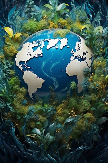 una Tierra abstracta en 3D entrelazada con elementos naturales como el agua