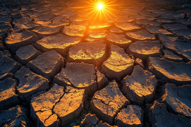 La tierra agrietada bajo una cálida puesta de sol