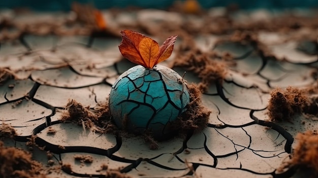 Foto una tierra agrietada con una hoja en ella