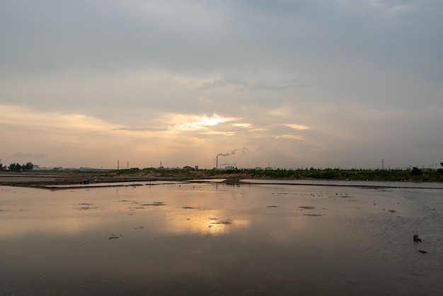 La tierra alcalina salina bajo el sol poniente es dorada