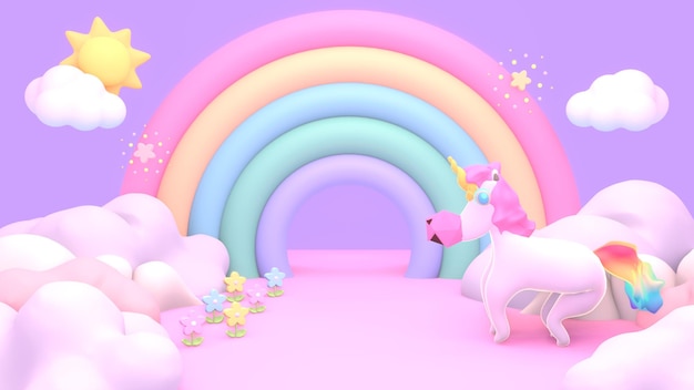 Tierra de arco iris de dibujos animados en 3D con flores de sol y unicornio