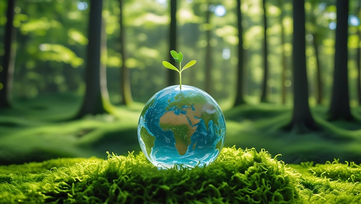 Tierra con un brote creciendo en el medio de un bosque