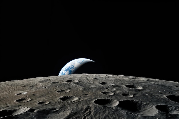 Foto la tierra creciente vista desde la superficie de la luna en una imagen de la nasa