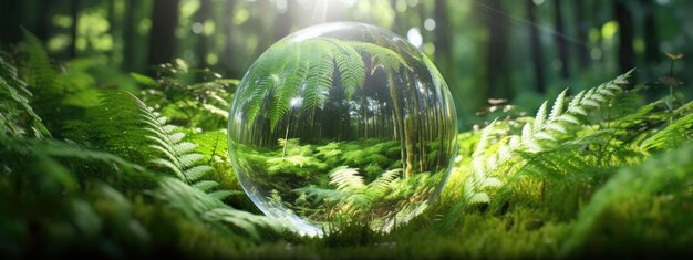 Tierra de cristal en helechos en bosque de hierba verde con luz solar Medio ambiente ecología del día de la tierra Creado con tecnología de IA generativa