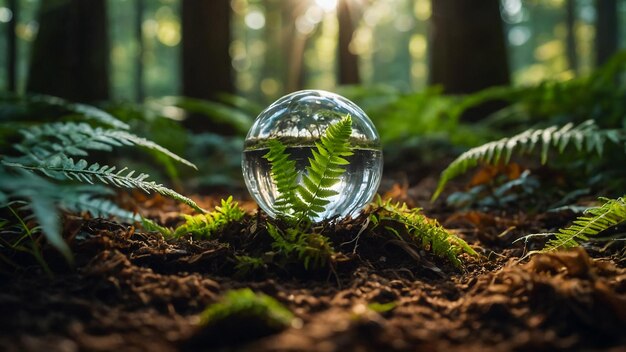 Tierra de cristal en el suelo en el bosque con helechos y luz solar El concepto del Día de la Tierra del Medio Ambiente