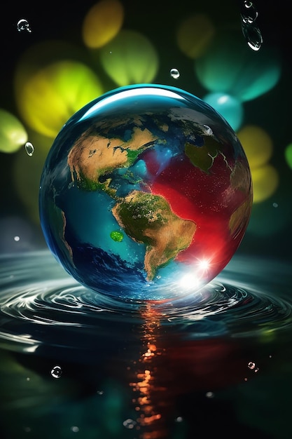 Tierra dentro de una gota de agua colores vibrantes luz volumétrica