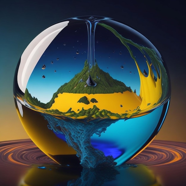 Foto la tierra dentro de una gota de agua colores vibrantes