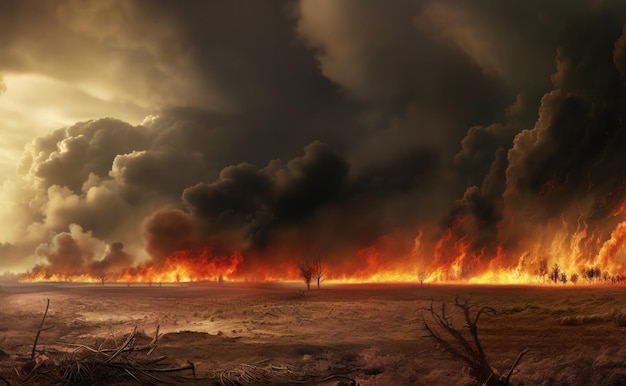 Tierra desierta con incendios forestales devastadores paisaje estéril panorama con llamas y humo bajo un cielo dramático IA generativa ilustración realista