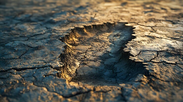 Una tierra desolada y agrietada con una gran huella de carbono que enfatiza los duros efectos del cambio climático