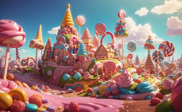 Foto la tierra de los dulces coloridos con fondo de dulces de cupcake nubes de helado