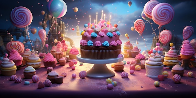 Tierra de dulces de fantasía con pastel de chocolate y dulces coloridos una escena de postre mágico fondo de celebración de cumpleaños caprichoso AI