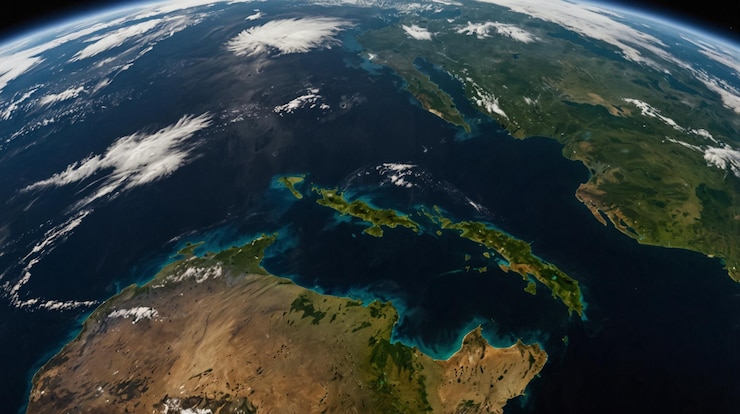 la tierra desde el espacio con una vista del océano y las nubes