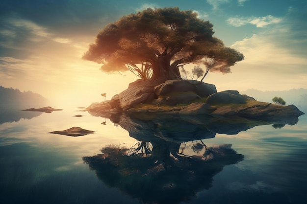 Tierra de fantasía con gran árbol en la orilla con reflejo en el lago generativo ai