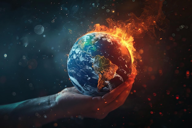 Tierra en fuego en una mano Cambio climático y calentamiento global tema de fondo imagen generada por IA
