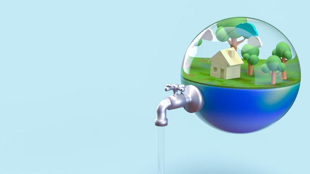 La tierra en la gota de agua para el día mundial del agua o el concepto de ecología representación 3d.