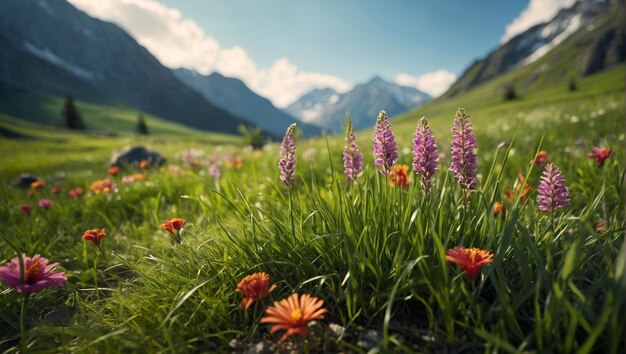 Una tierra de hierba verde con hermosas flores vibrantes