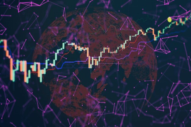 Tierra de holograma de negocio global abstracto. Concepto de negocio y tecnología Gráficos de barras, diagramas, cifras financieras. Fondo de pantalla abstracto brillante de interfaz de gráfico de forex. Inversión, comercio, acciones, finanzas