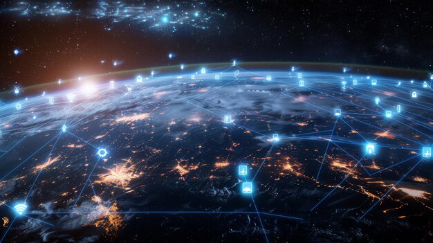 La Tierra iluminada por las luces de la ciudad vista desde el espacio Líneas conectan las comunicaciones de Internet de la ciudad