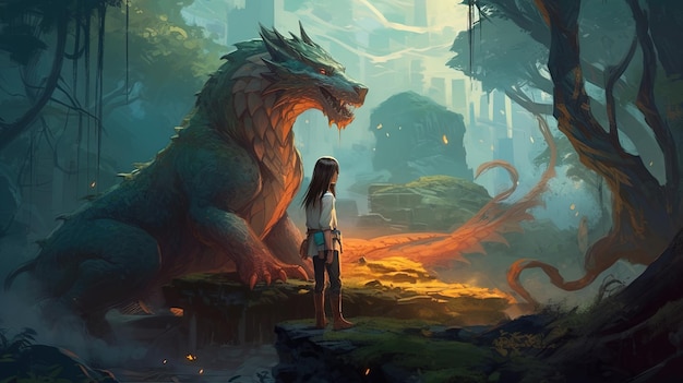 En una tierra de magia, los humanos y los dragones forman un vínculo inquebrantable Concepto de fantasía Ilustración pintura IA generativa
