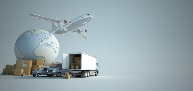 La Tierra, muchas cajas y una flota de transporte formada por furgonetas, camiones y un avión.