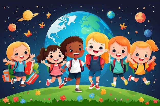 Foto la tierra y los niños felices y lindos de vuelta a la escuela ilustración vectorial plana