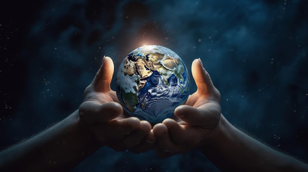 La Tierra por la noche estaba en manos humanas Día de la Tierra Concepto de ahorro de energía