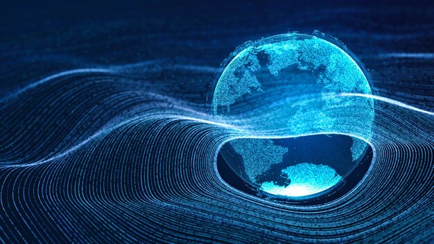 Tierra de nube digital flotando en la cuadrícula de círculo de datos de neón en la onda de partículas del ciberespacio, fondo abstracto de ilustración de tecnología futurista moderna de representación 3d, conectividad mundial global de la era digital